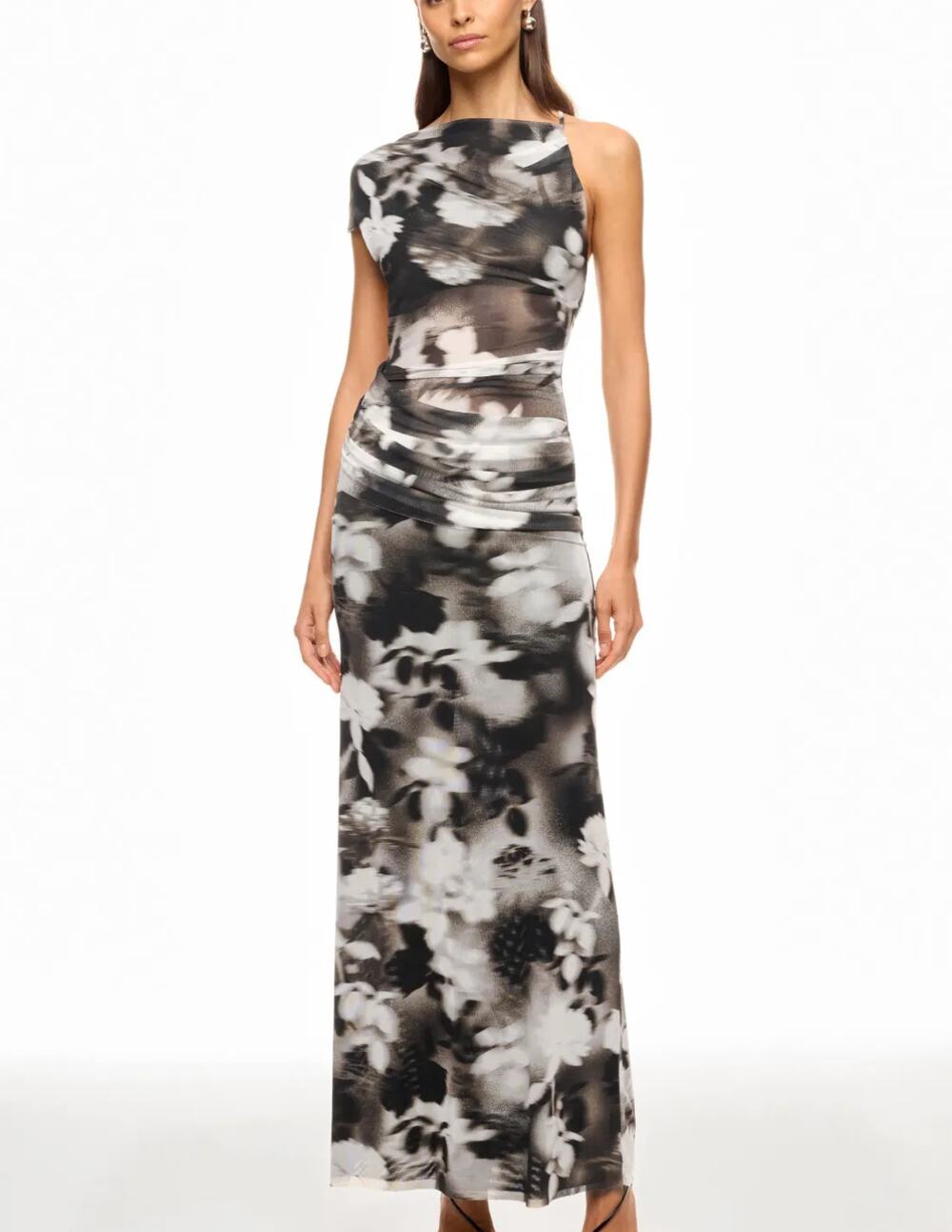 Bec & Bridge Gray Mesh Maxi Dress SIZE 4 Formal Gown Floral Ruched Designer $300